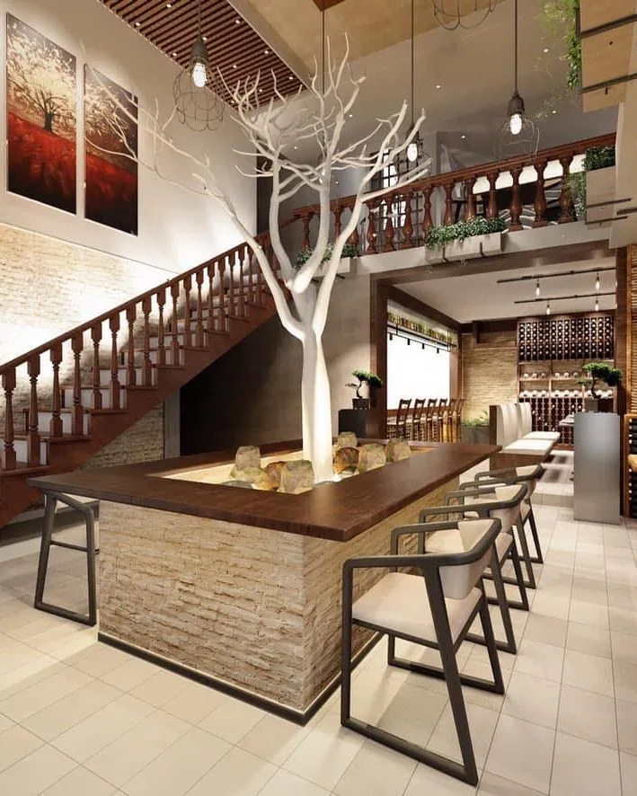 Modern restaurant interior with a long dining counter