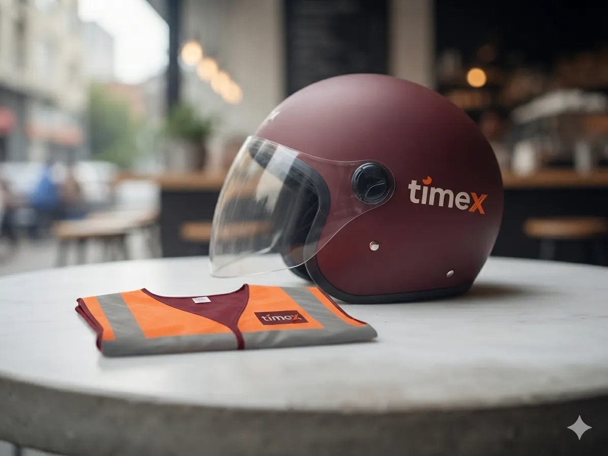 timeX helmet and high-visibility vest on a café table