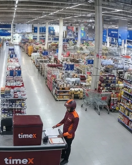 timeX delivery partner at the checkout of a large supermarket