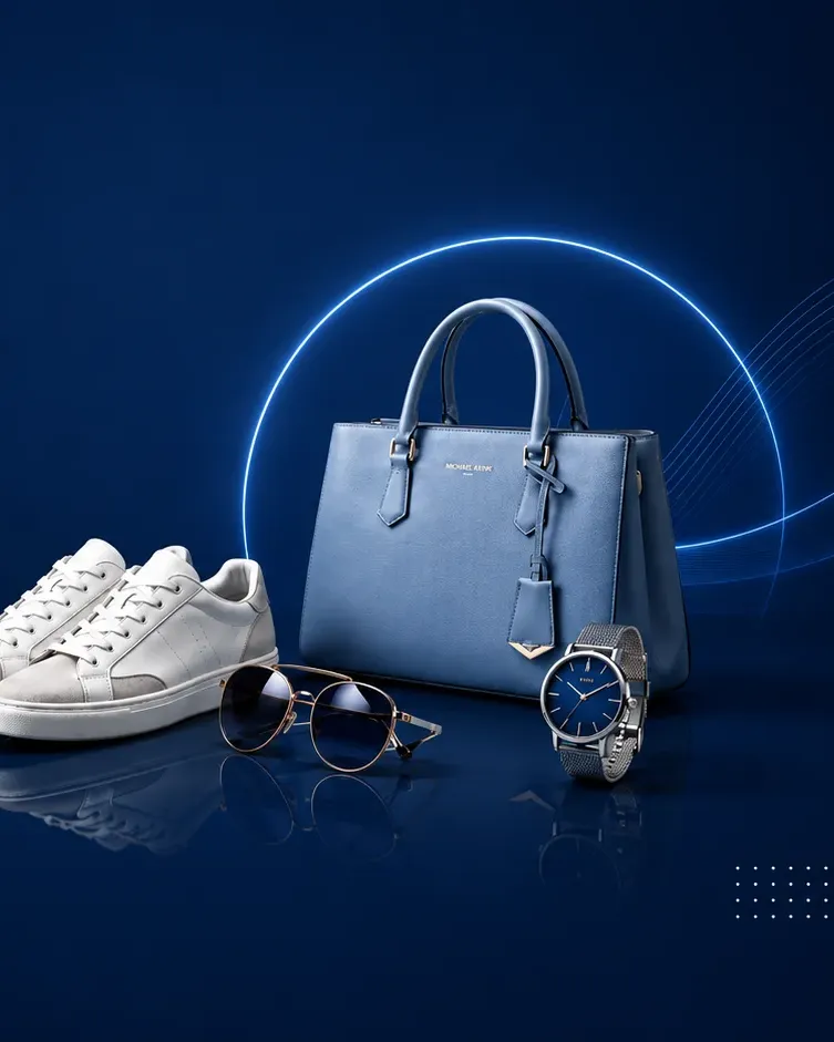 Sneakers, handbag, sunglasses and a watch from a fashion shop